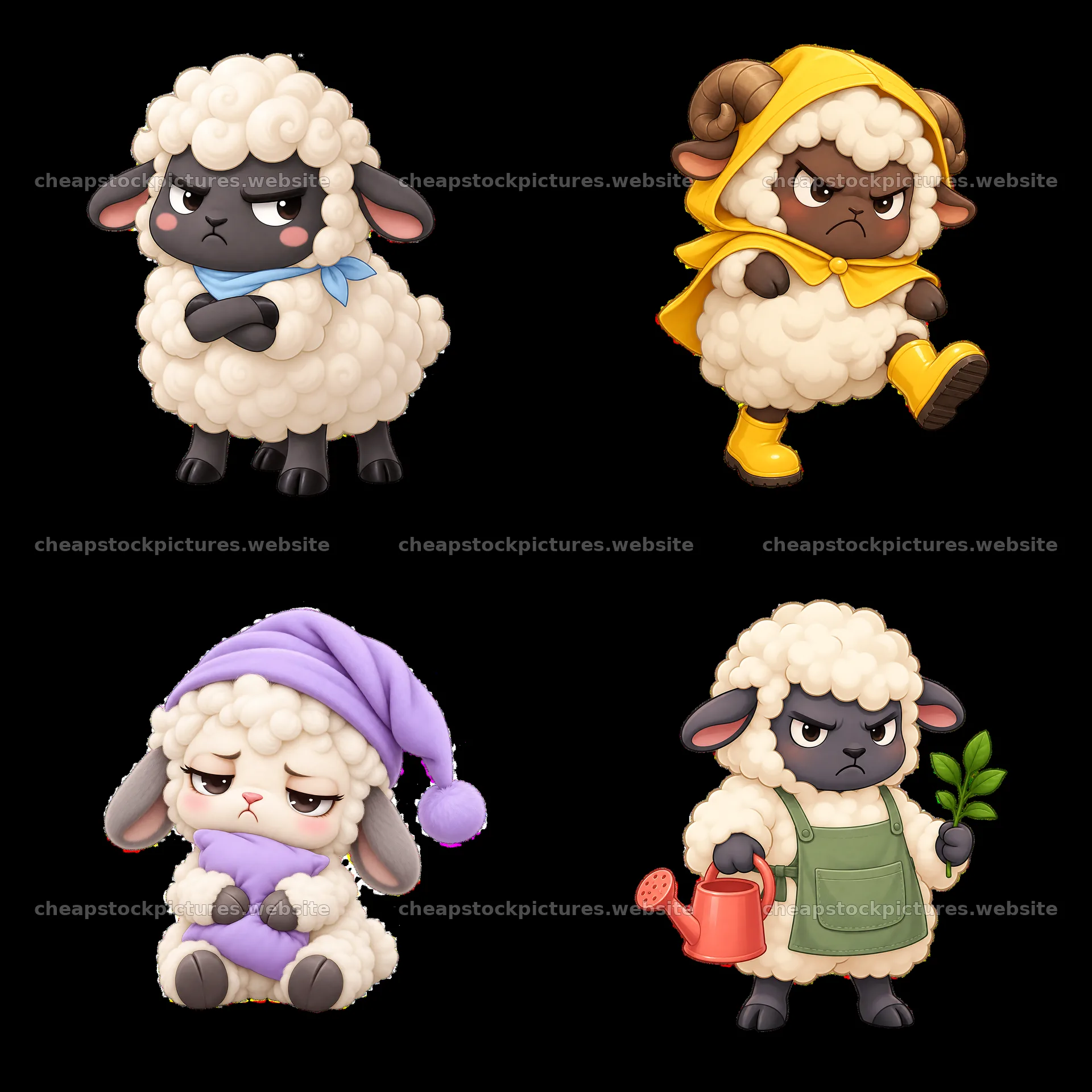 Kawaii grumpy sheep characters in various poses and outfits – stock pictures 7746x7746