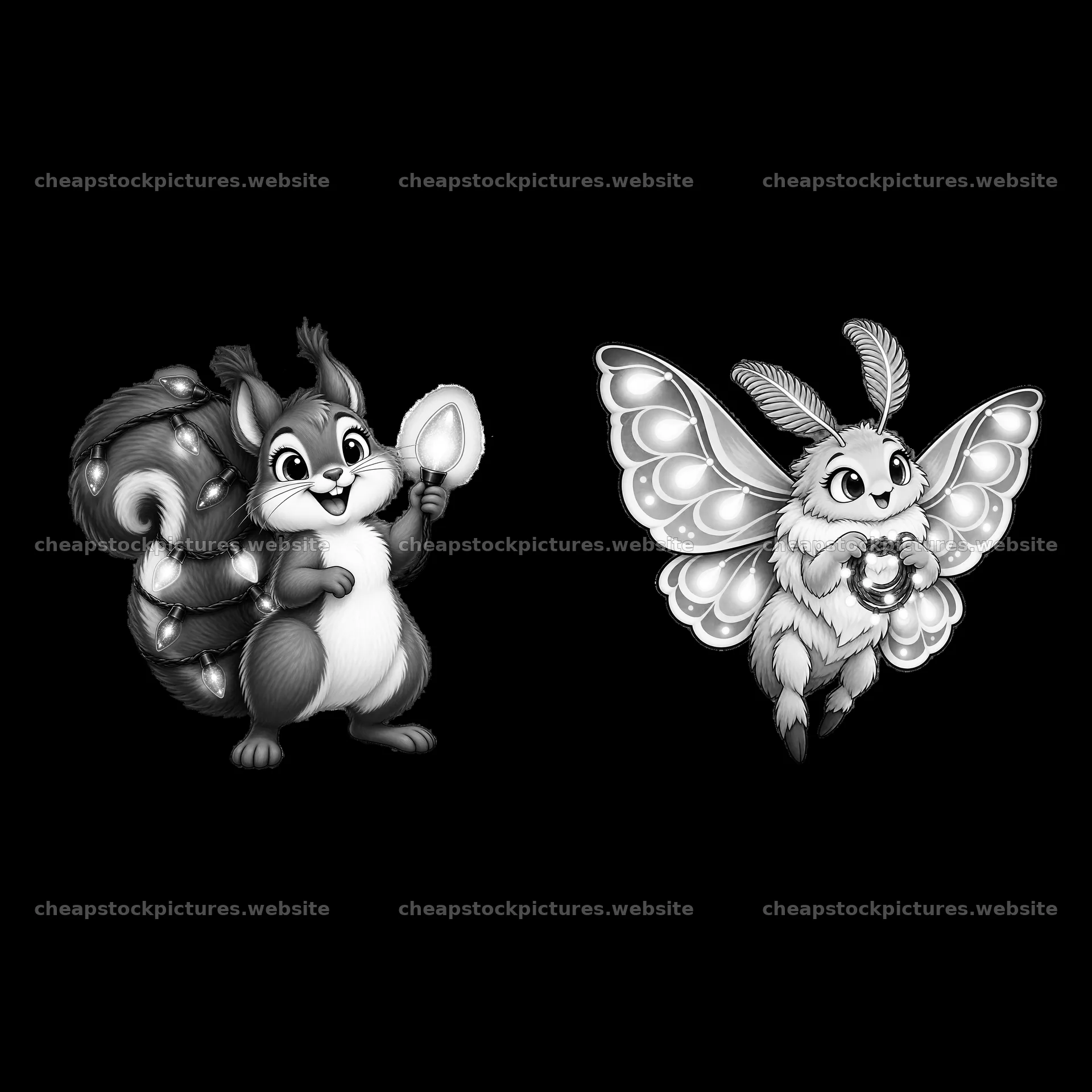 Squirrel and butterfly holding string lights in black and white – stock pictures 7746x7746