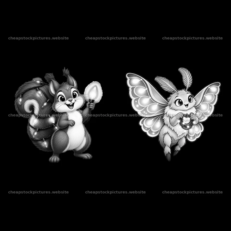 Squirrel and butterfly holding string lights in black and white – stock pictures 7746x7746