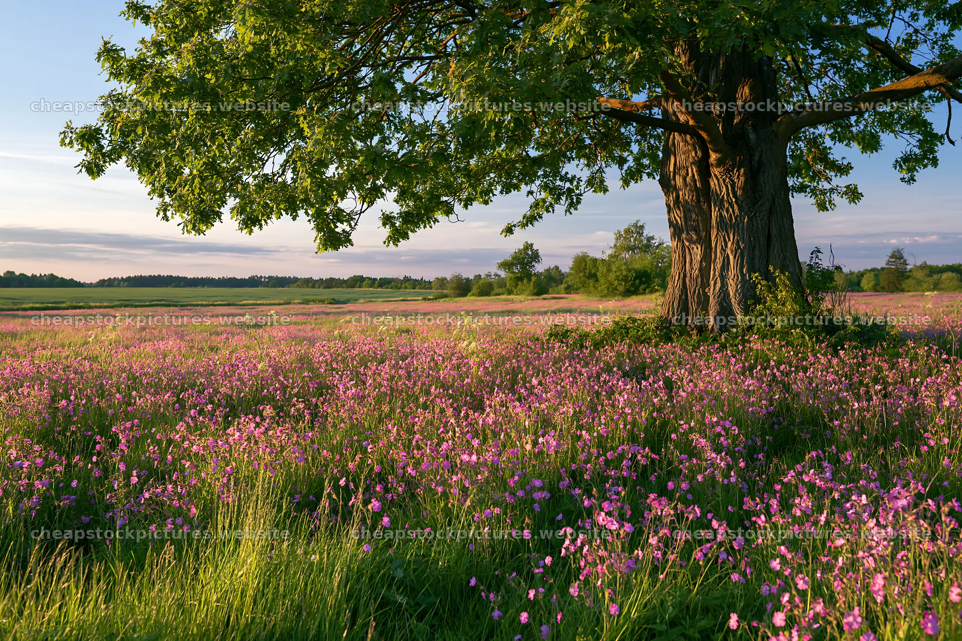 Pink campion meadow with a large tree and green landscape – stock pictures 9722x6480
