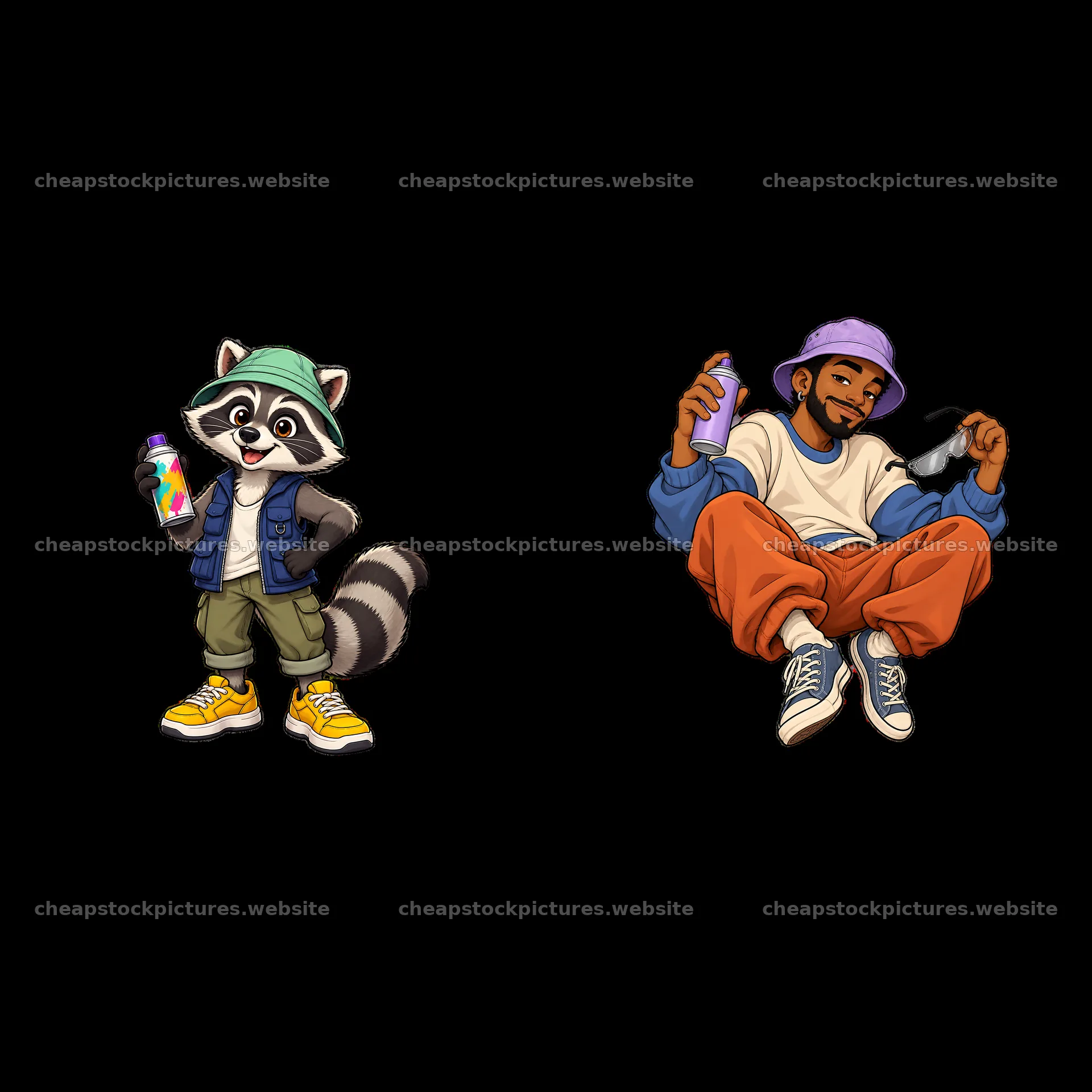 Cool graffiti sprayer raccoon and artist duo in casual urban style – stock pictures 7746x7746