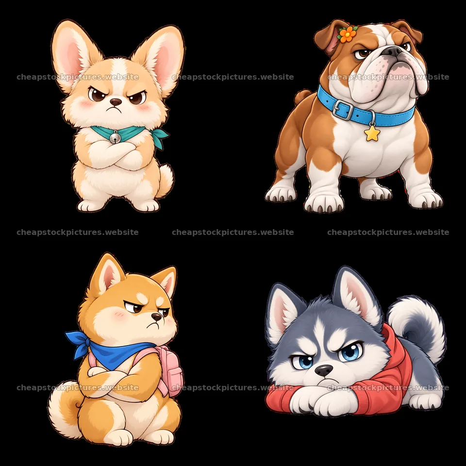 Kawaii collection of grumpy dog stickers in a square layout – stock pictures 7746x7746