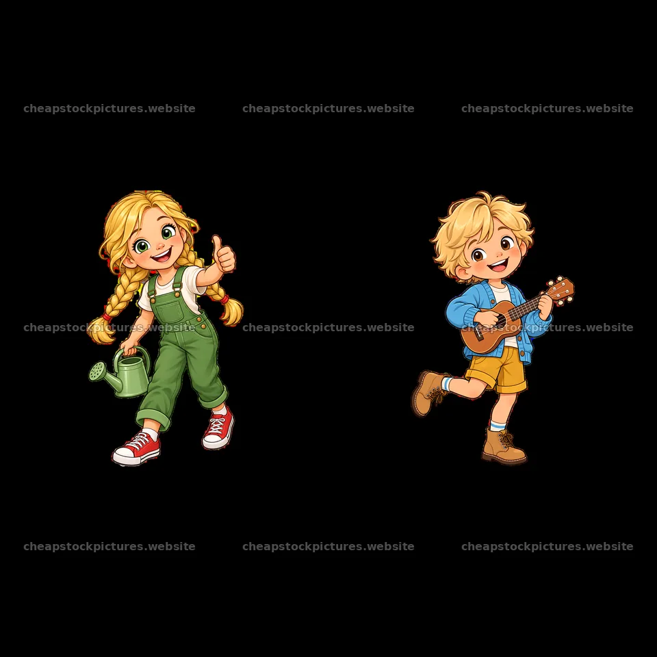 Blond child girl with watering can and boy playing guitar – stock pictures 7746x7746