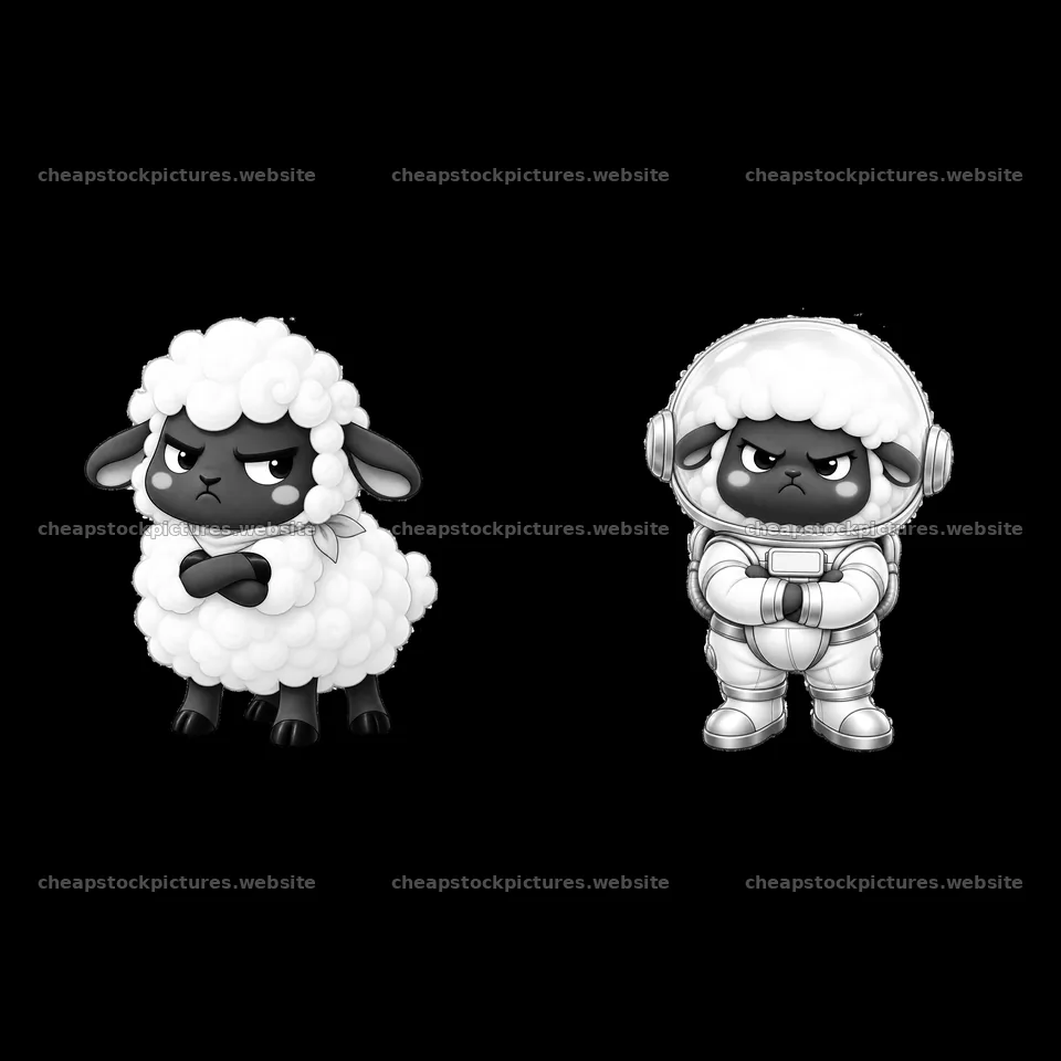 Grumpy sheep in space suit and standing pose cartoon stickers – stock pictures 7746x7746