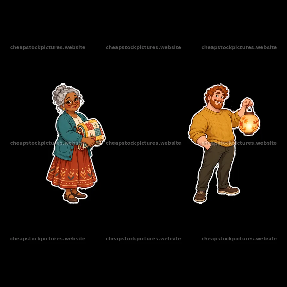 Grandmother with quilt and man holding lantern in cozy setting – stock pictures 7746x7746