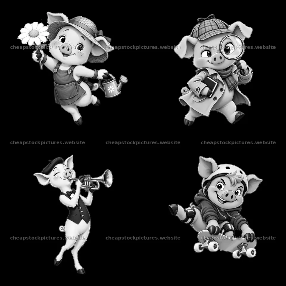 Four playful pig cartoon stickers in black and white – stock pictures 7746x7746