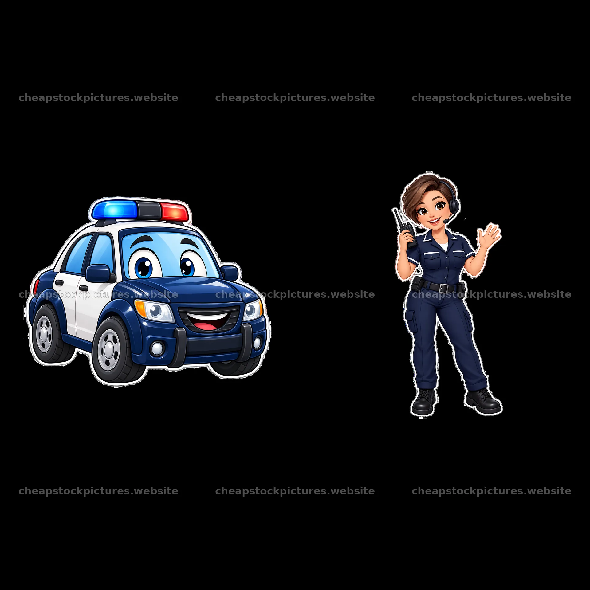 Police car and police officer cartoon sticker pair – stock pictures 7746x7746