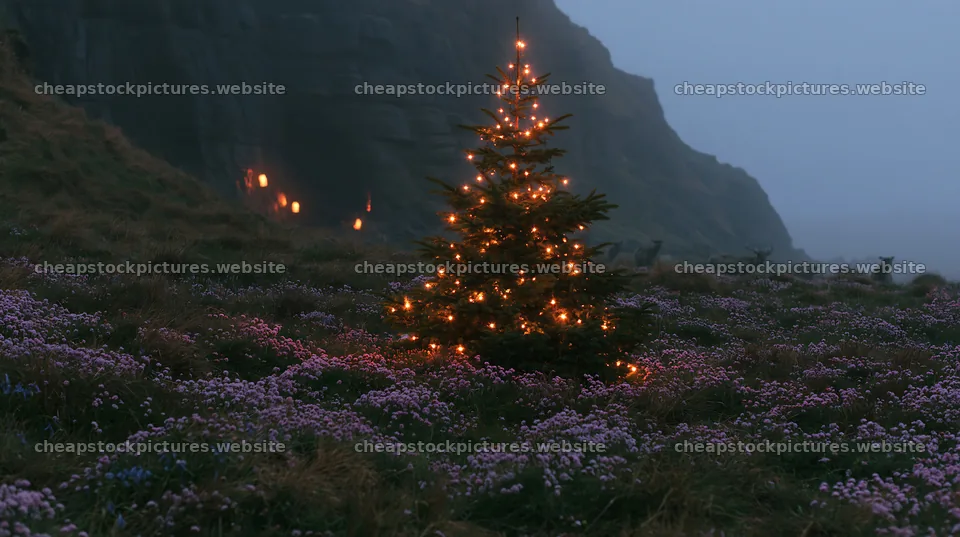 Christmas tree at dusk in meadow by cave – stock pictures 10608x5938