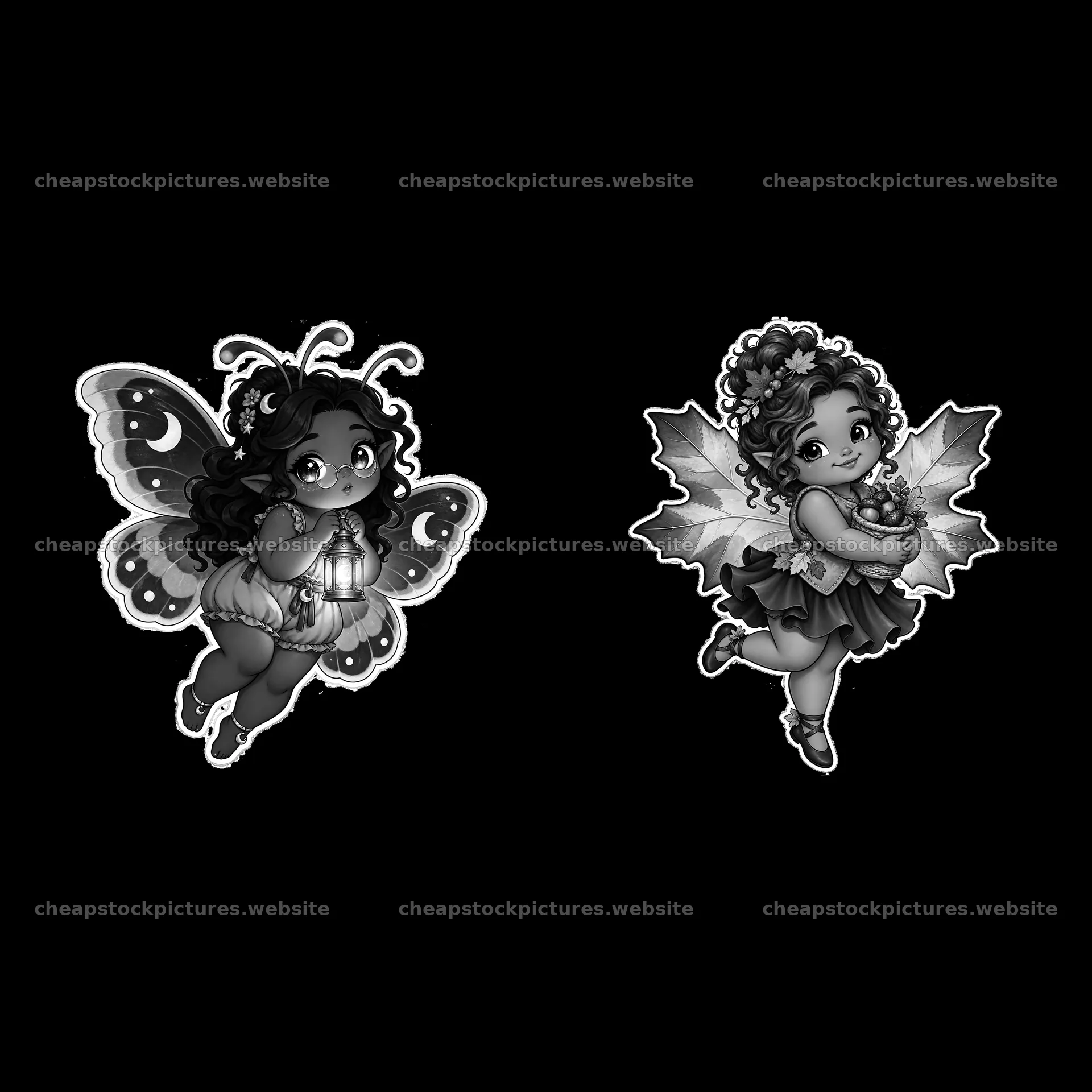 Kawaii chubby fairies with butterfly wings holding lantern and – stock pictures 7746x7746