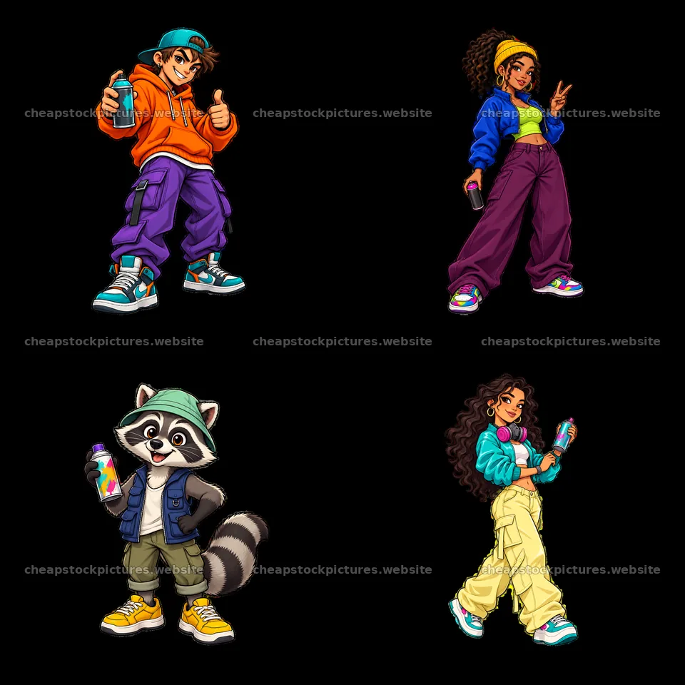 Cool graffiti sprayers in a colorful 2x2 cartoon sticker layout – stock pictures 7746x7746