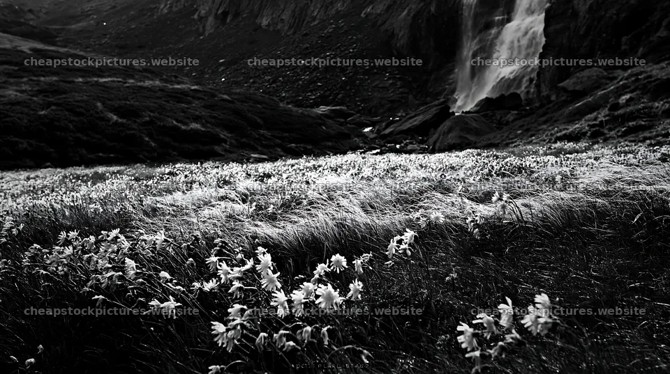 Flowering meadow near mountain falls during daylight – stock pictures 10608x5938