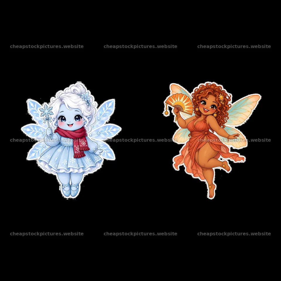 Kawaii chubby fairies in winter and summer outfits with accessories – stock pictures 7746x7746