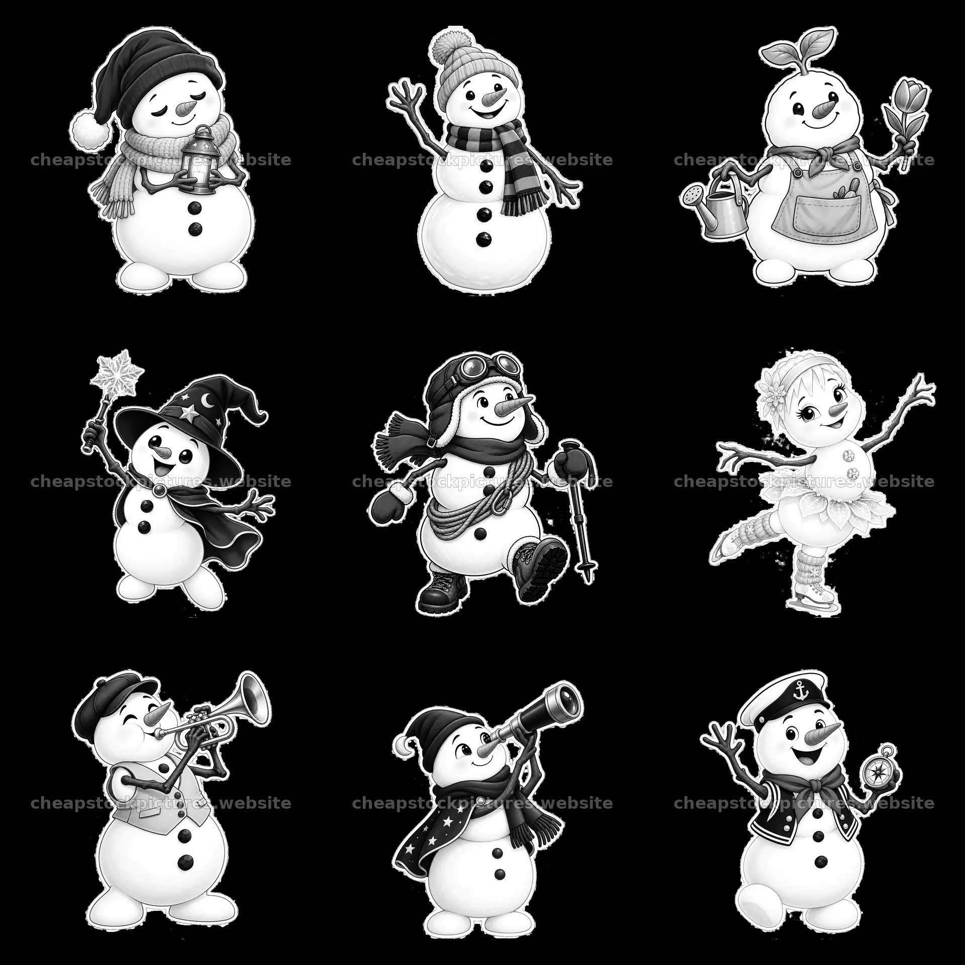 Snowman characters engaging in various activities in a 3x3 layout – stock pictures 7746x7746