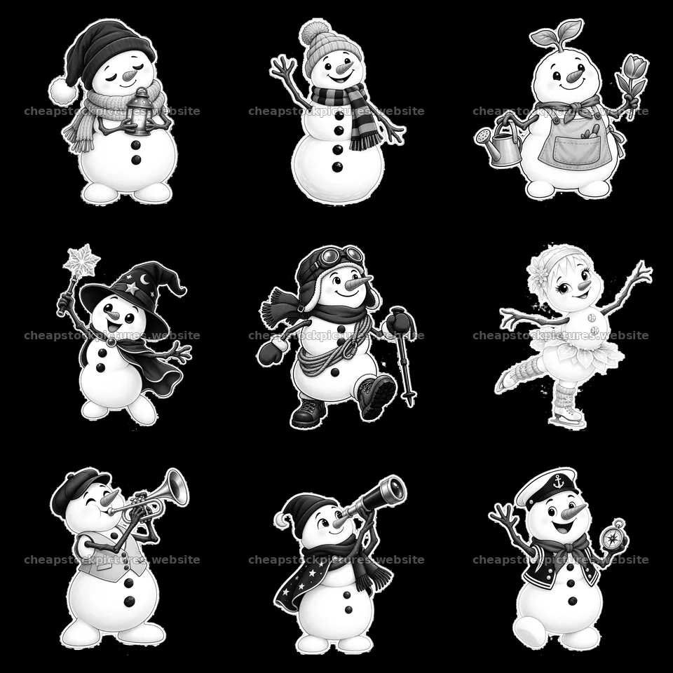 Snowman characters engaging in various activities in a 3x3 layout – stock pictures 7746x7746