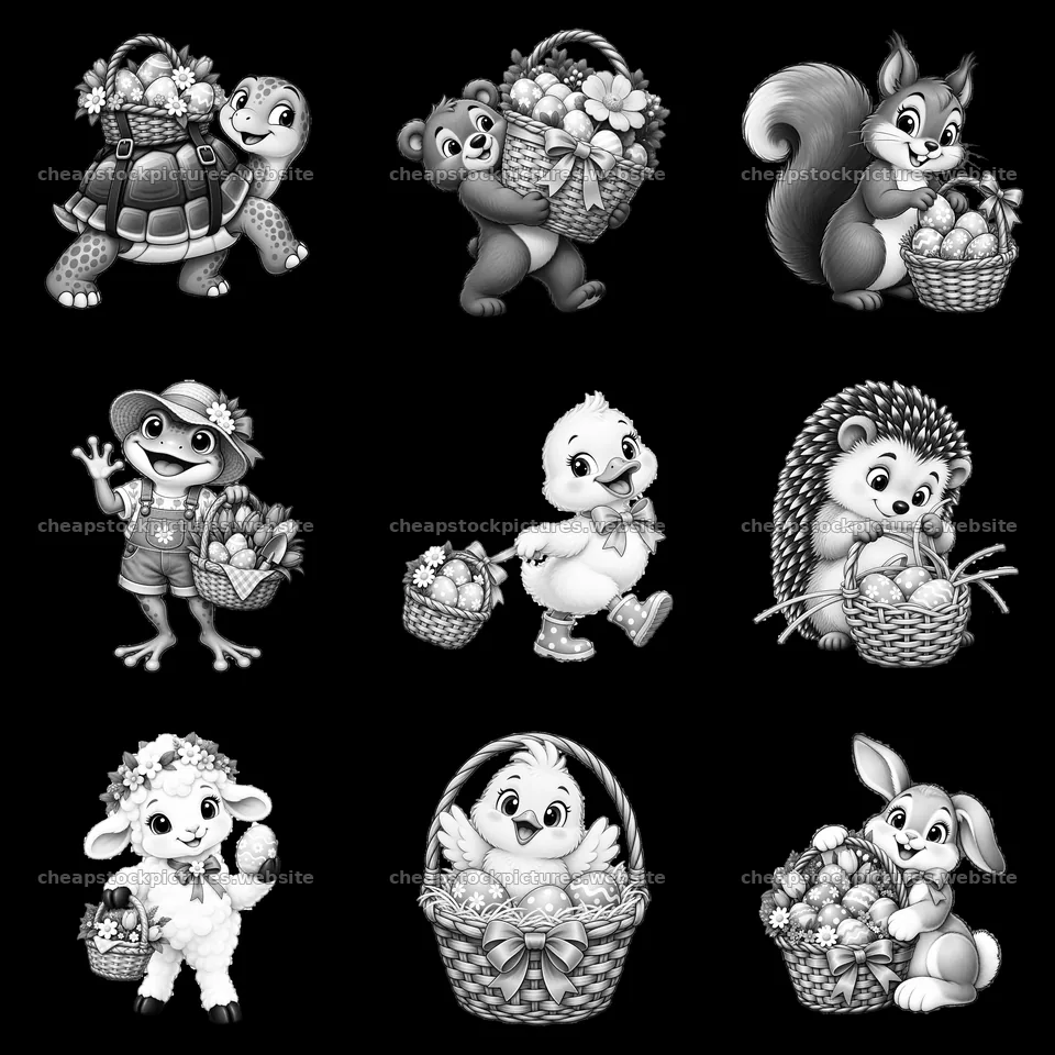 Cartoon animals with Easter baskets in a 3x3 grid layout – stock pictures 7746x7746