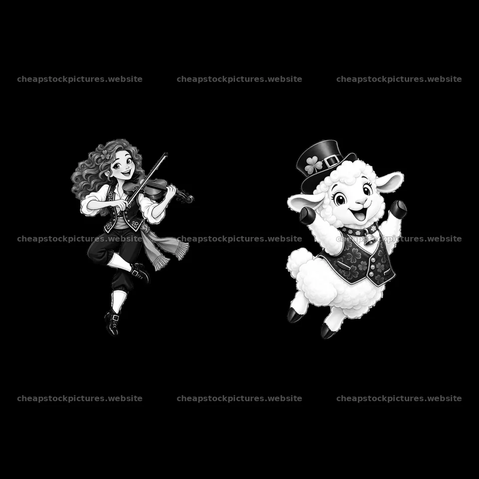 Girl playing violin with a cheerful sheep for St. Patrick's Day – stock pictures 7746x7746