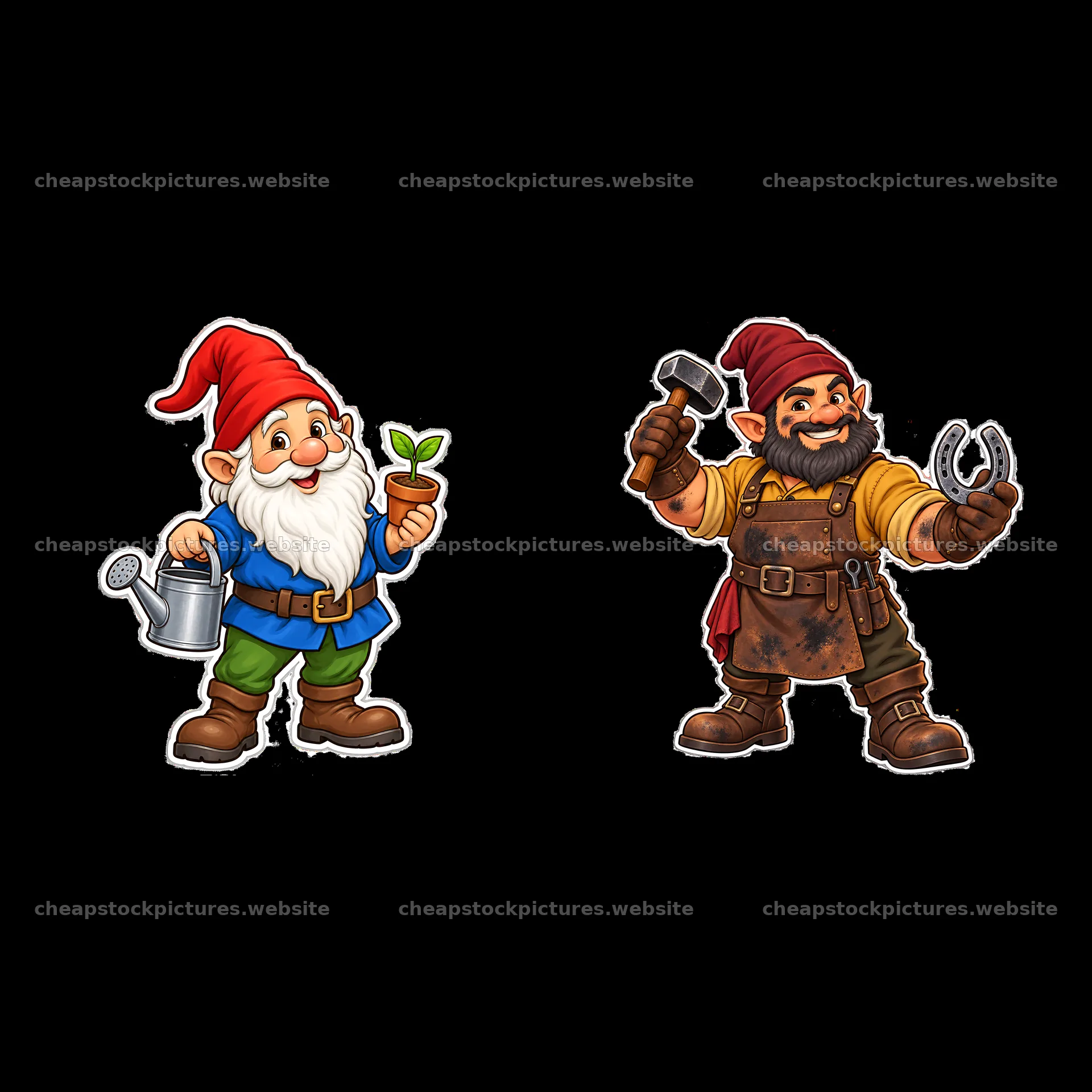 Gnome gardener with watering can and gnome blacksmith with hammer – stock pictures 7746x7746