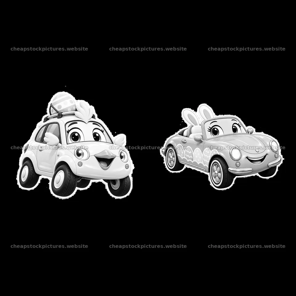 Easter-themed cartoon cars with smiling faces and decorations – stock pictures 7746x7746