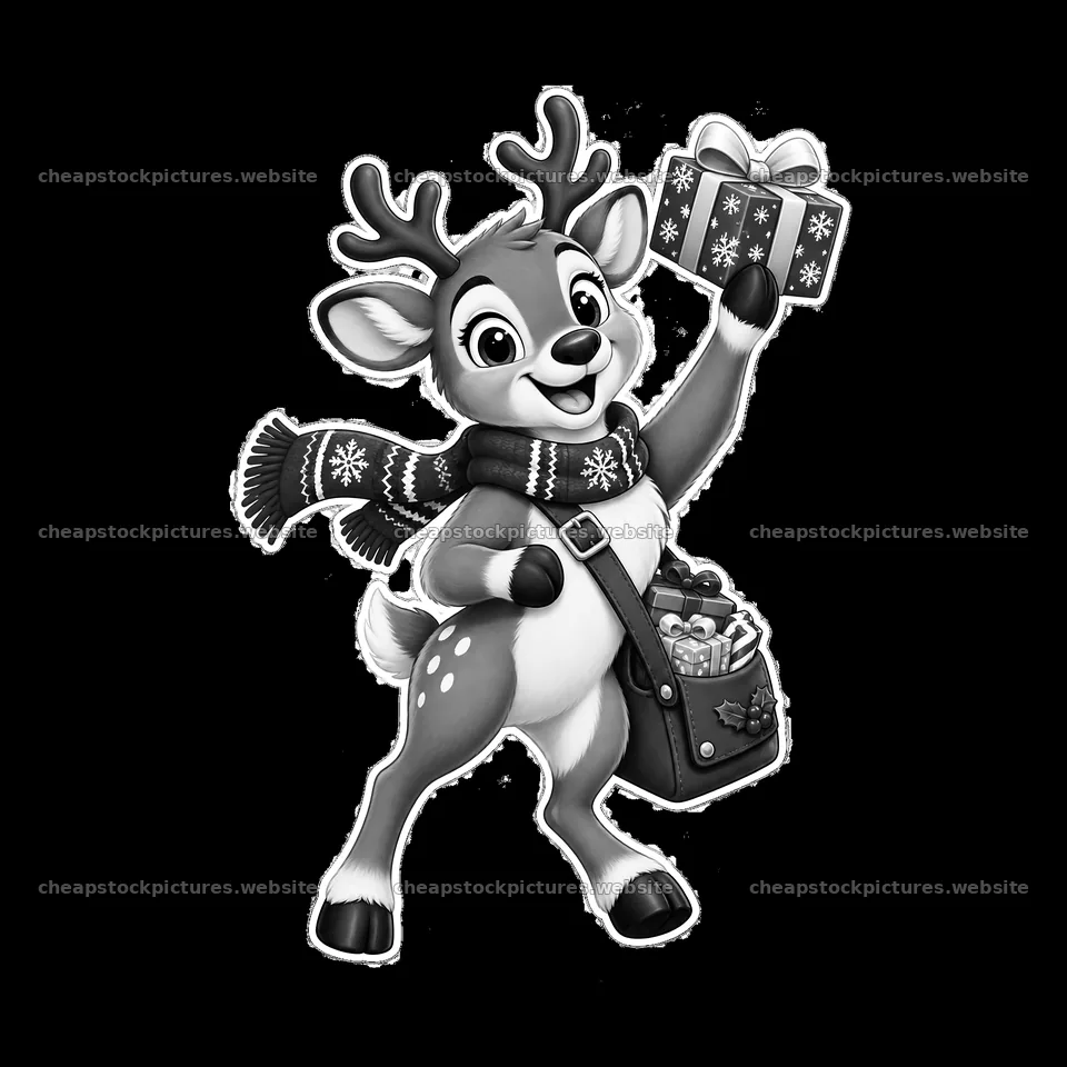 Reindeer holding a Christmas gift with a basket of presents – stock pictures 7746x7746