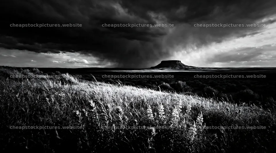 Paintbrush lupine meadow under a cloudy sky – stock pictures 10648x5916