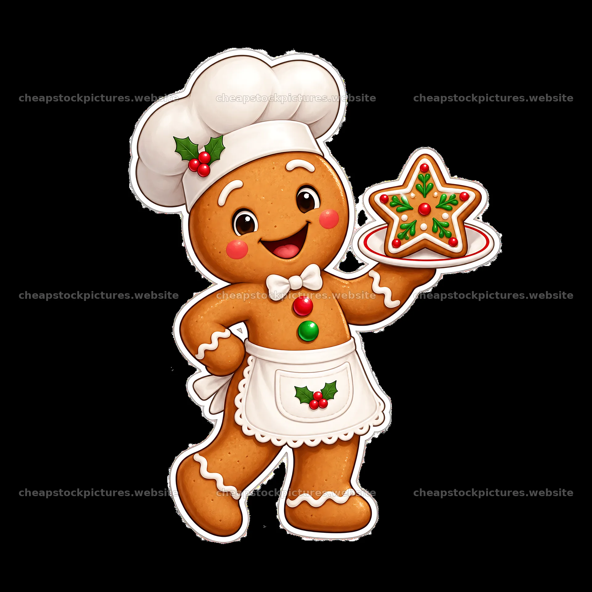 Gingerbread man chef holding a decorated star cookie – stock pictures 7746x7746