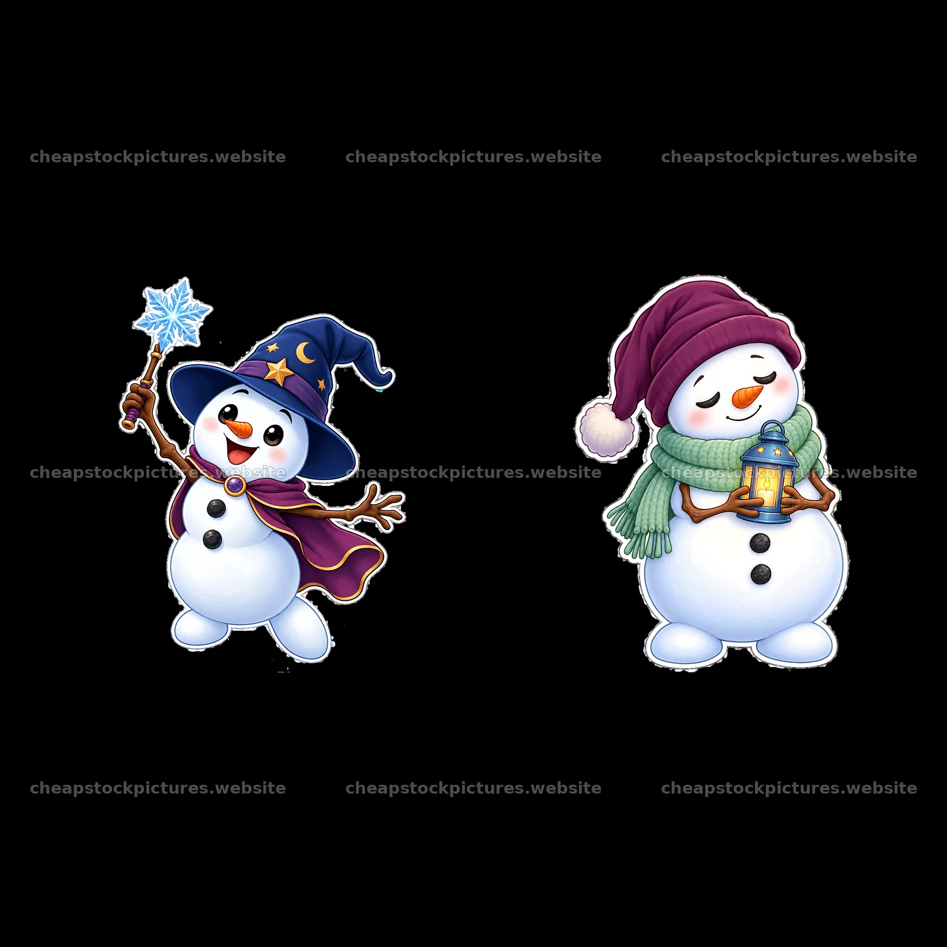 Snowman duo with wand and lantern in winter attire – stock pictures 7746x7746
