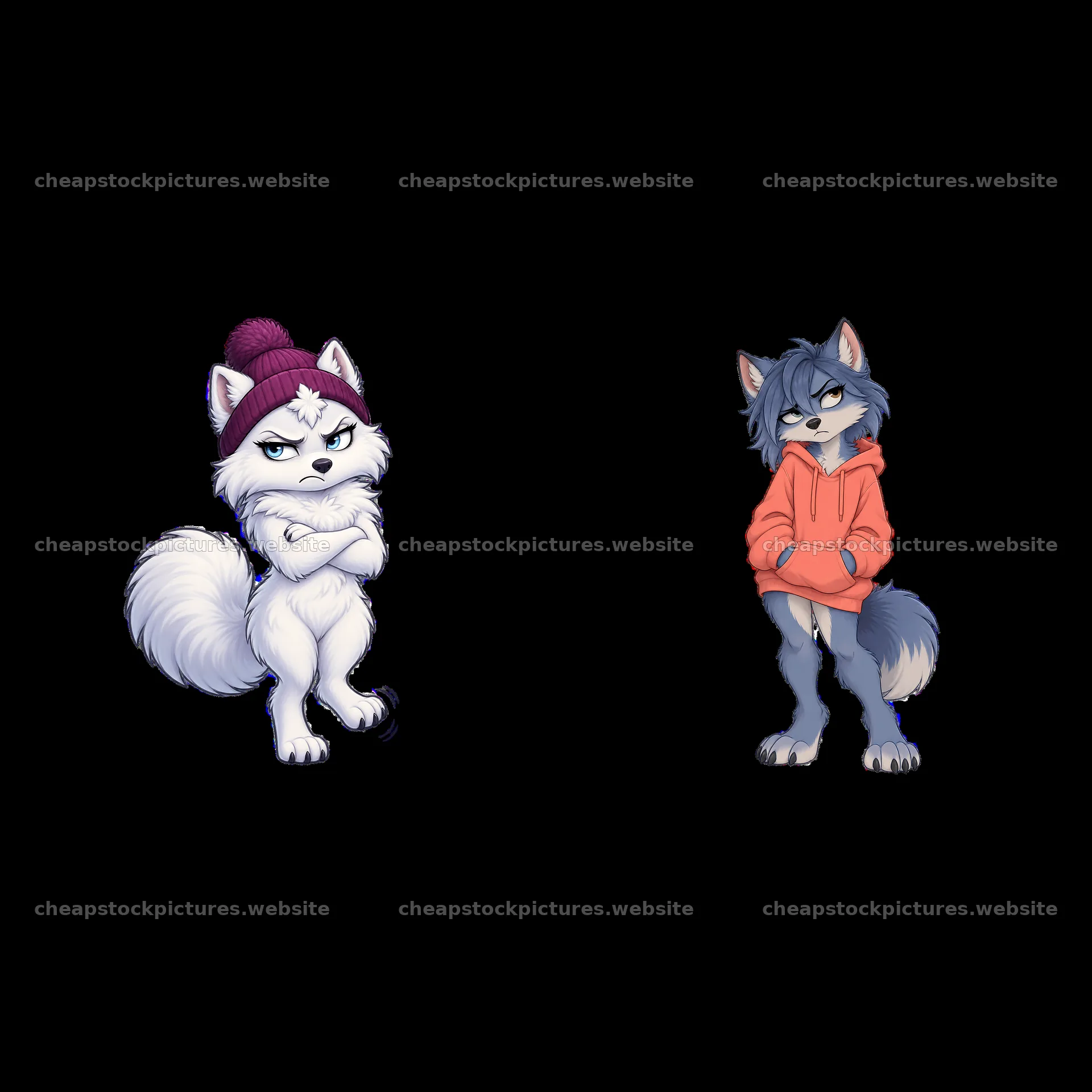 Grumpy wolf characters wearing hats and hoodies with crossed arms – stock pictures 7746x7746