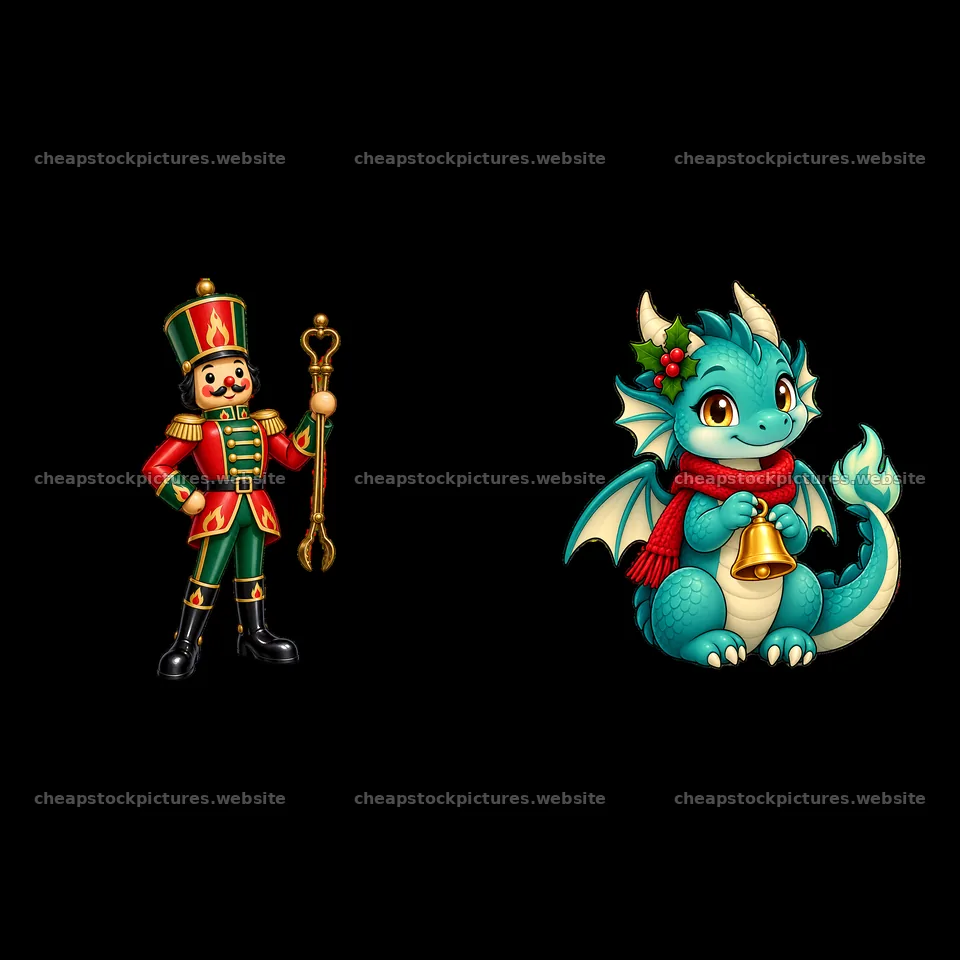 Nutcracker and dragon in Christmas attire by the fireplace – stock pictures 7746x7746