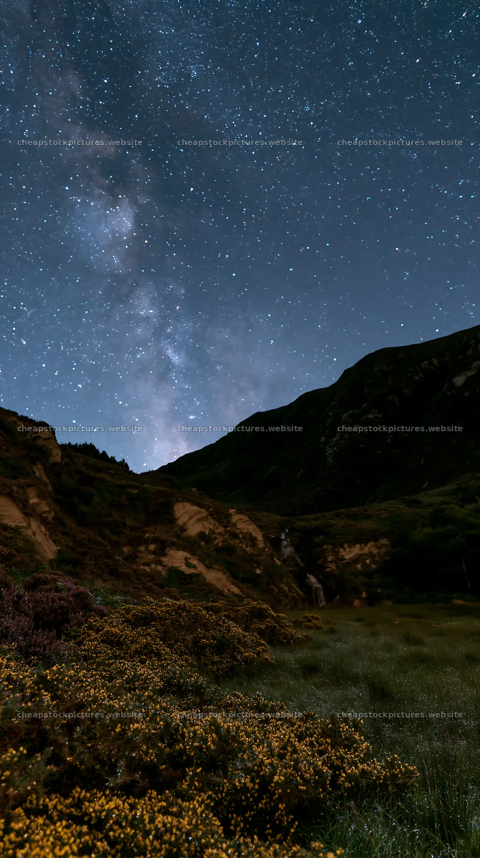 Starry night over a meadow with mountains in the background – stock pictures 5938x10608