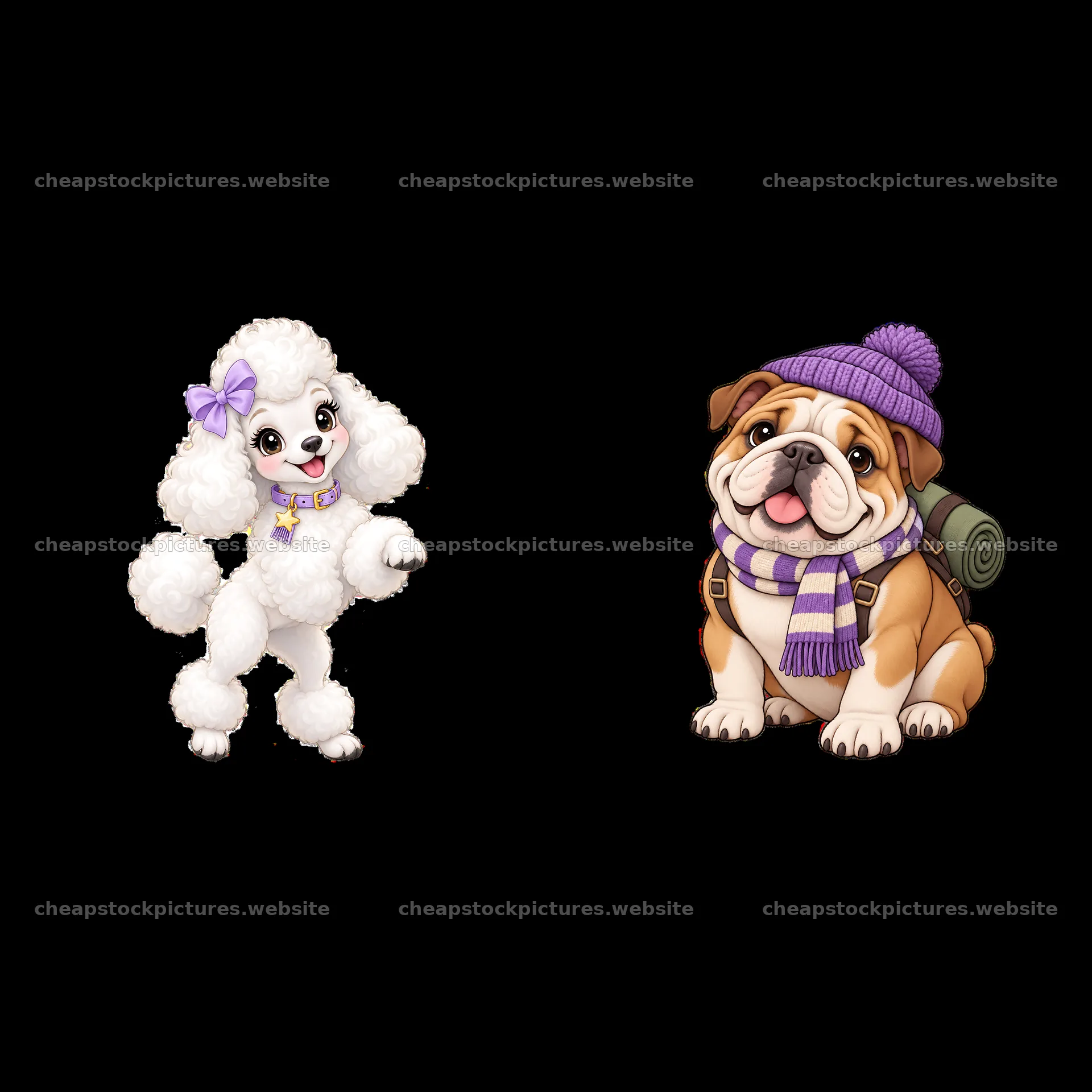 Cute cartoon dogs with purple accessories in playful poses – stock pictures 7746x7746