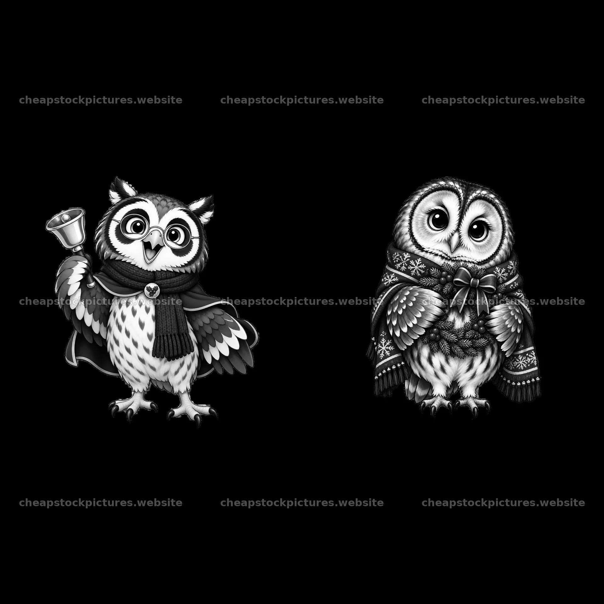 Christmas owls in winter scarves holding a bell – stock pictures 7746x7746