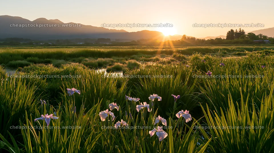 Niigata floodplain restoration meadow dew at sunrise – stock pictures 10608x5938