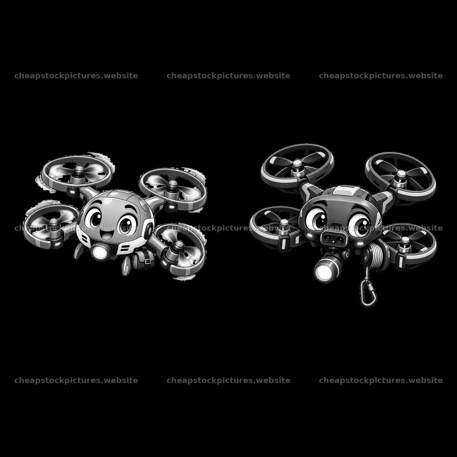 Cartoon drone characters with friendly faces in black and white – stock pictures 7746x7746
