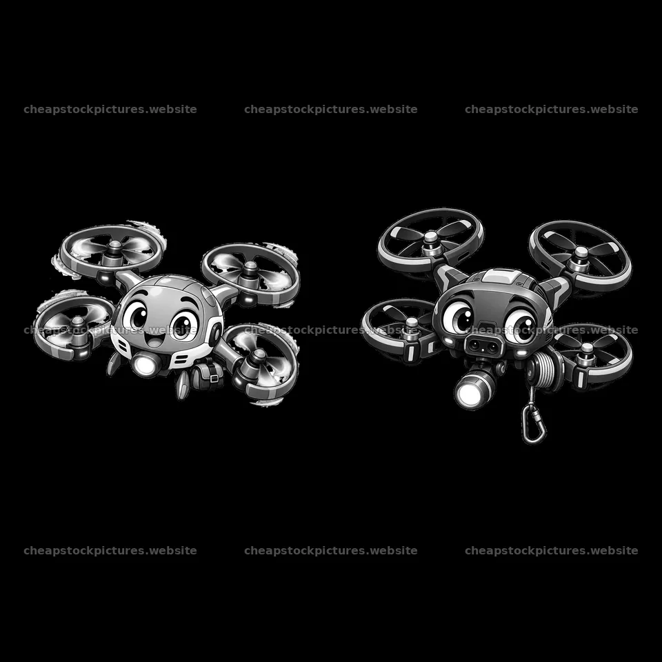 Cartoon drone characters with friendly faces in black and white – stock pictures 7746x7746