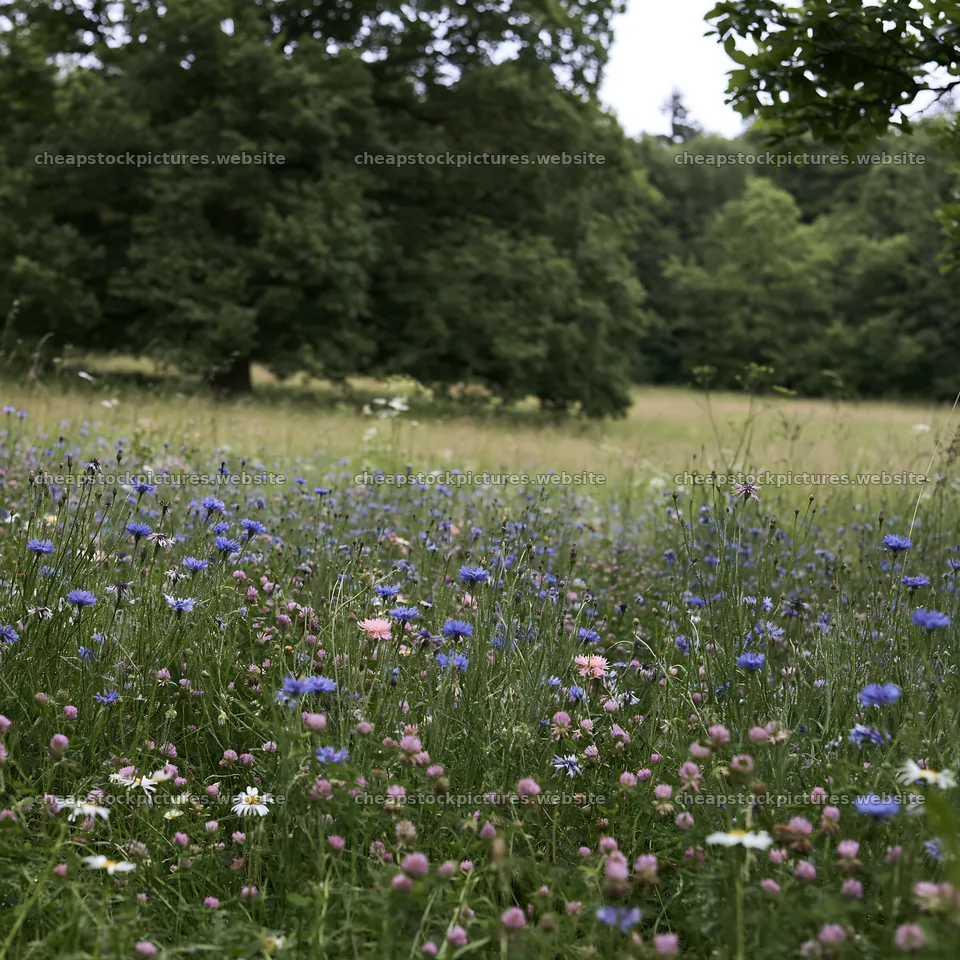 Clover cornflower meadow in springtime with green trees – stock pictures 7938x7938