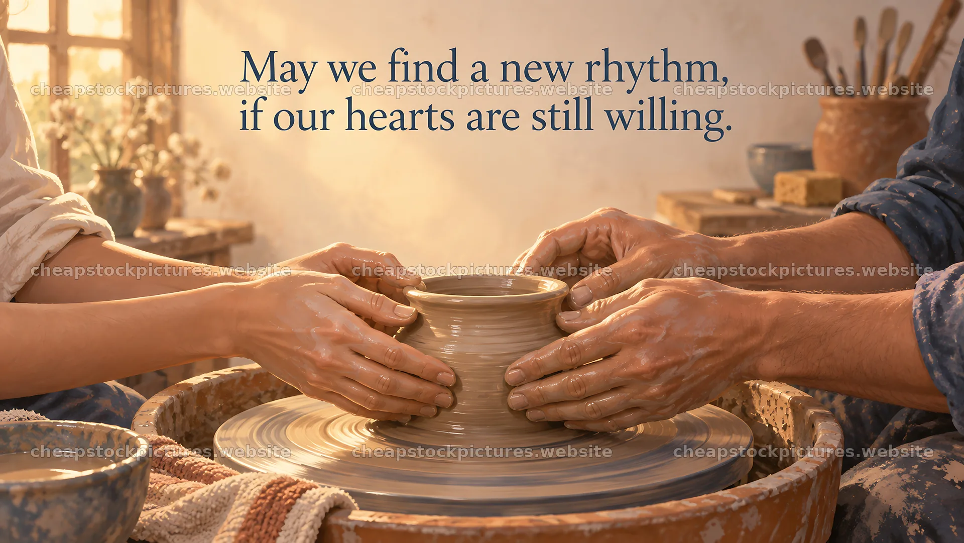 Hands shaping pottery with a message of reconciliation – stock pictures 10324x5812
