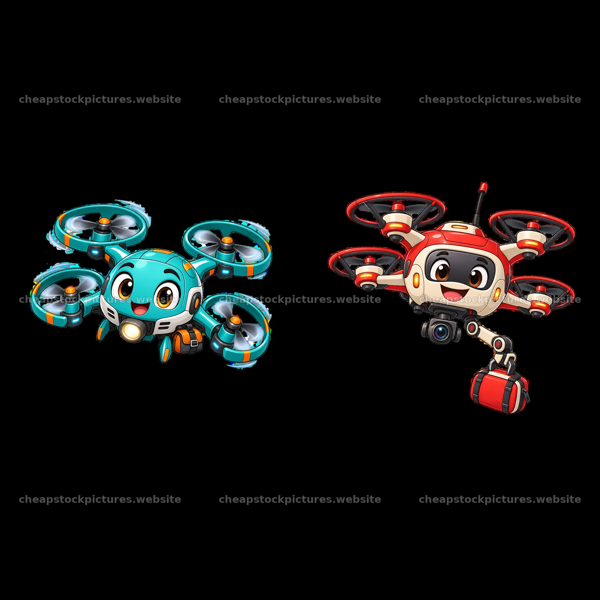 Cartoon drones with expressive faces and accessories in two styles – stock pictures 7746x7746