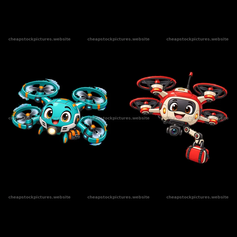 Cartoon drones with expressive faces and accessories in two styles – stock pictures 7746x7746