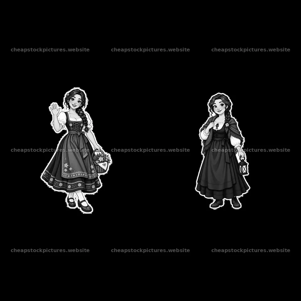 Women in traditional folk dress with accessories in black and white – stock pictures 7746x7746