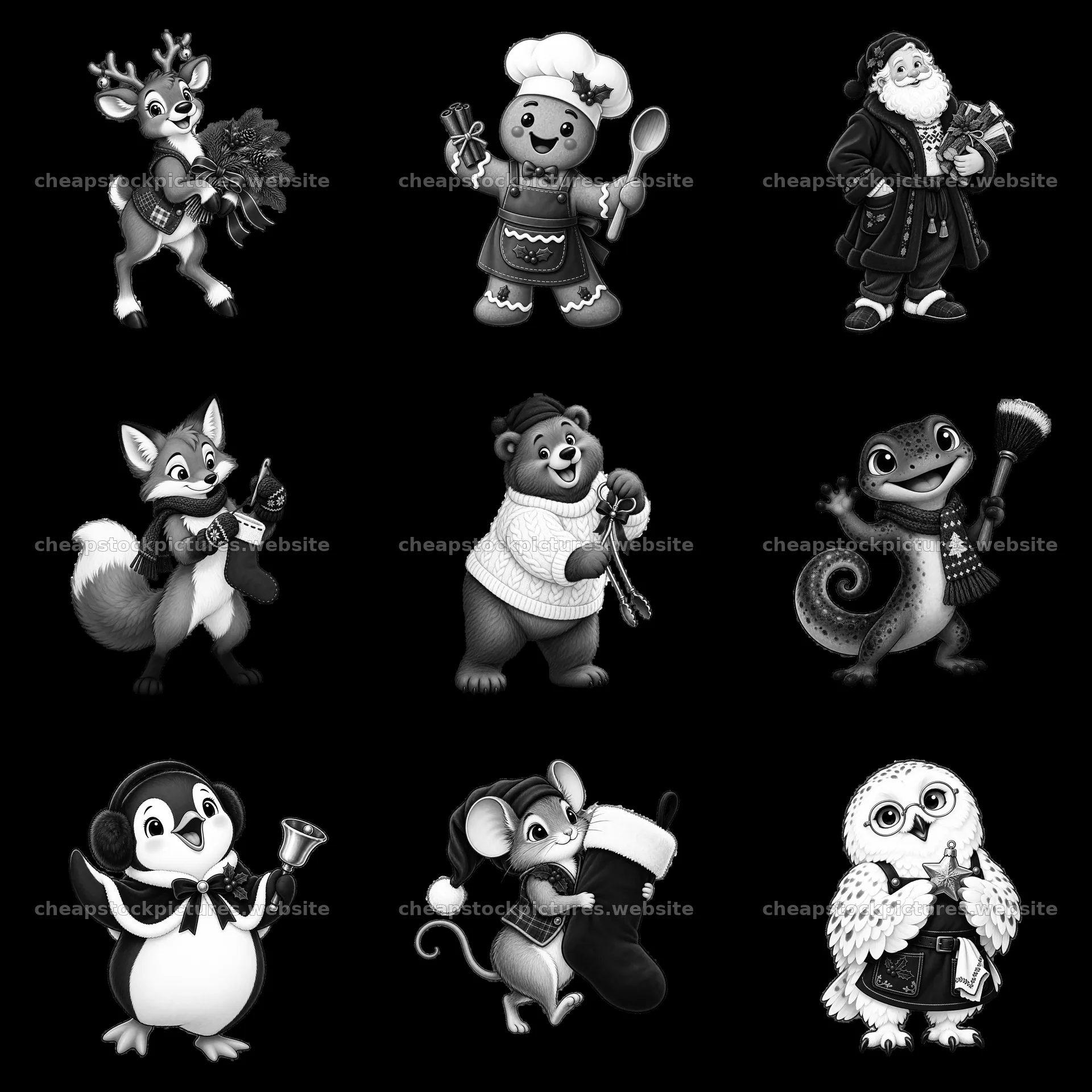 Christmas characters by the fireplace in black and white – stock pictures 7746x7746