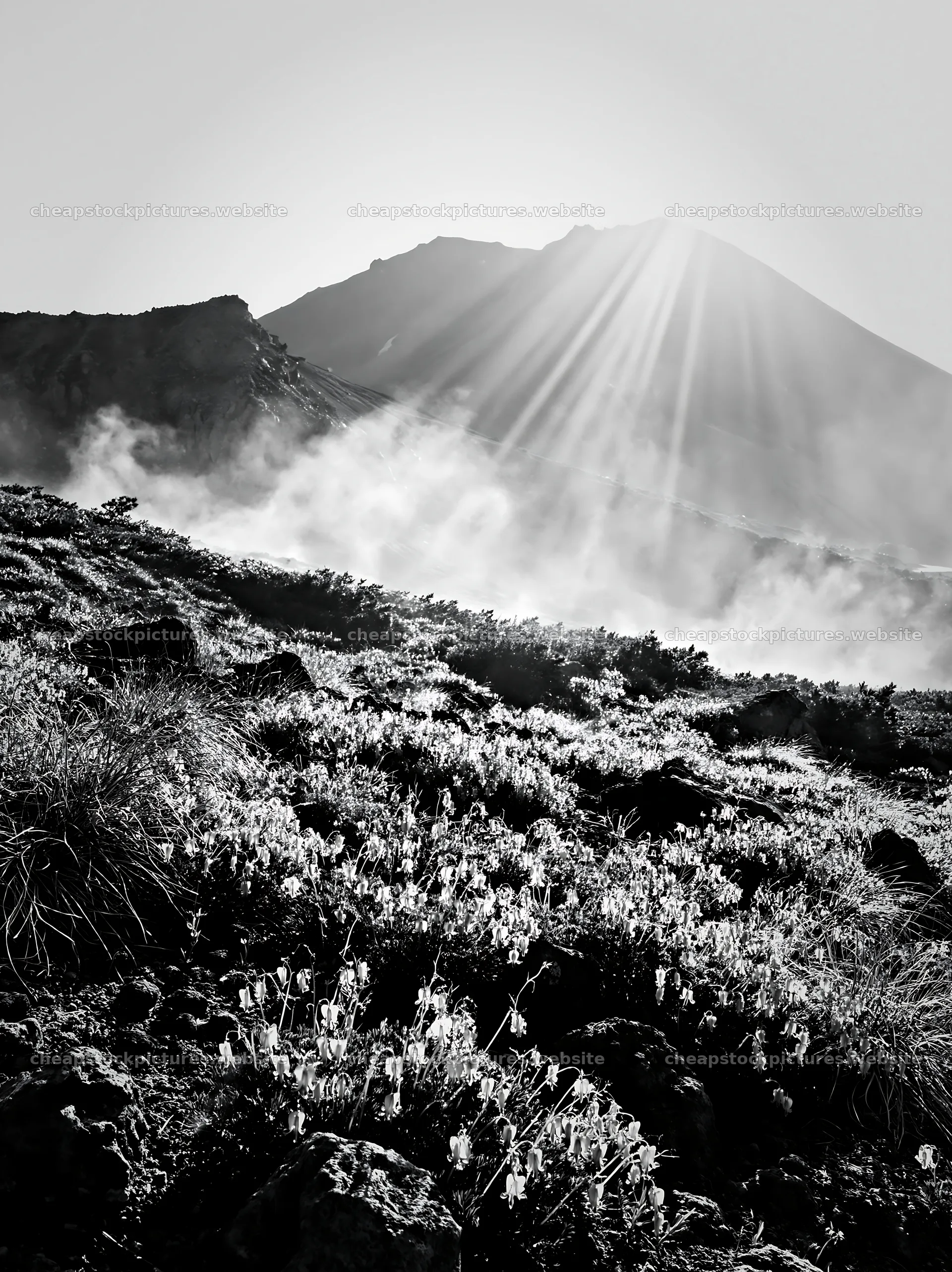 Light rays over Daisetsuzan alpine meadow at sunrise – stock pictures 6866x9174