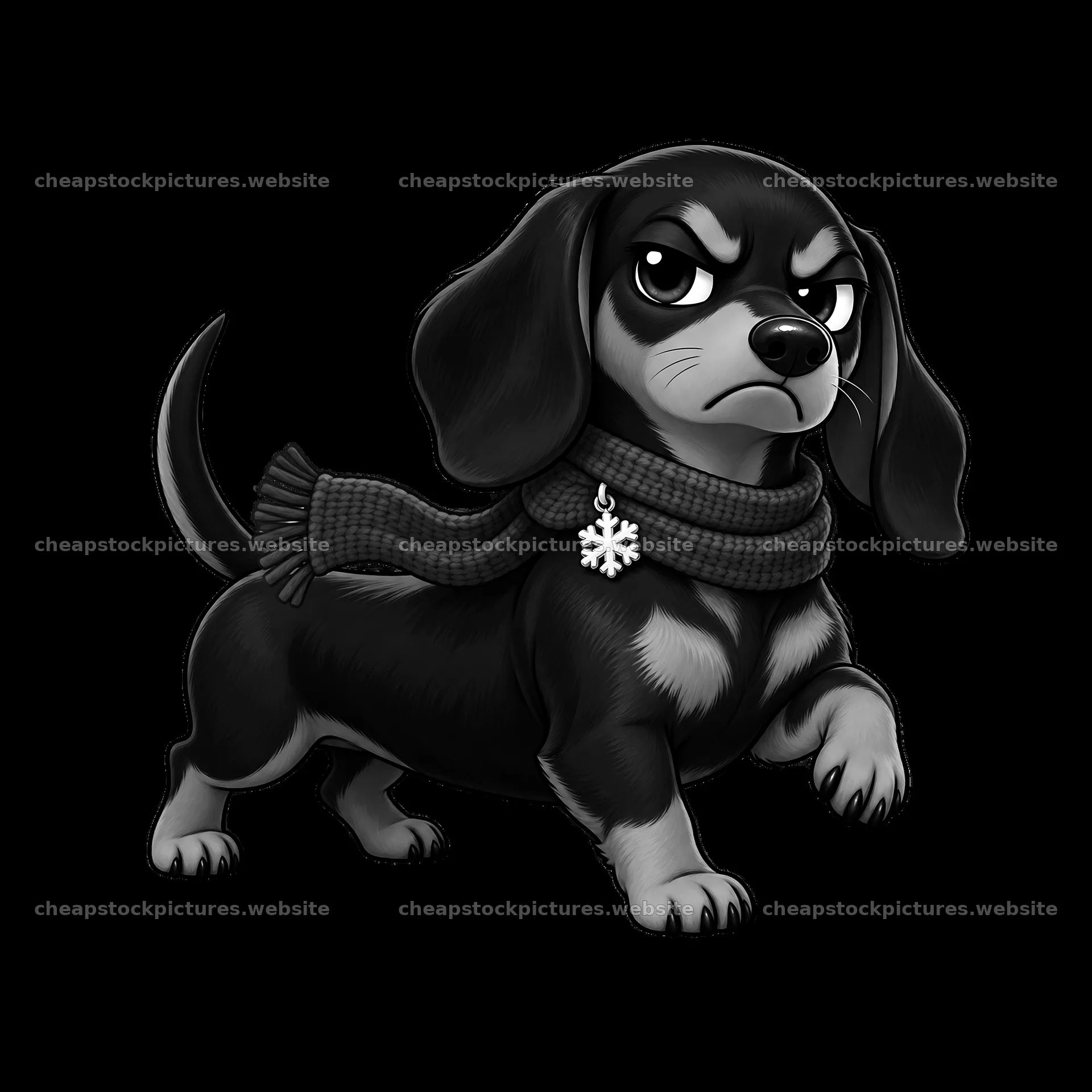 Kawaii grumpy dog wearing a scarf with a snowflake charm – stock pictures 7746x7746