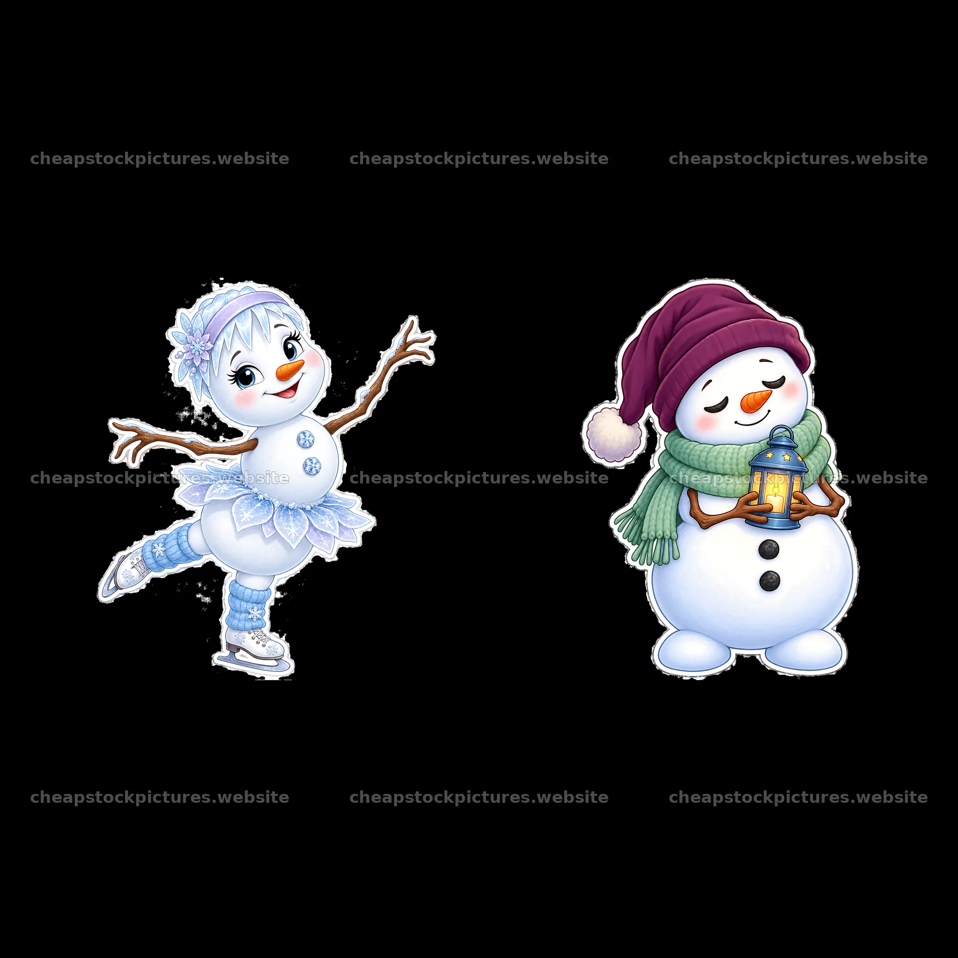 Snowman ice skating and snowman with lantern sticker pair – stock pictures 7746x7746
