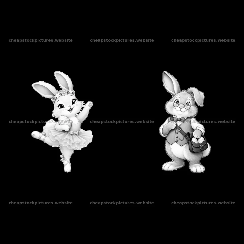 Easter bunny characters in dance pose and outfit with accessories – stock pictures 7746x7746