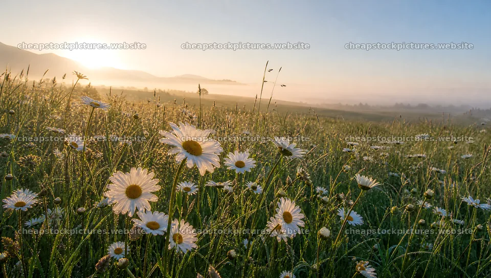 Dewy meadow with wildflowers at sunrise – stock pictures 10556x5968