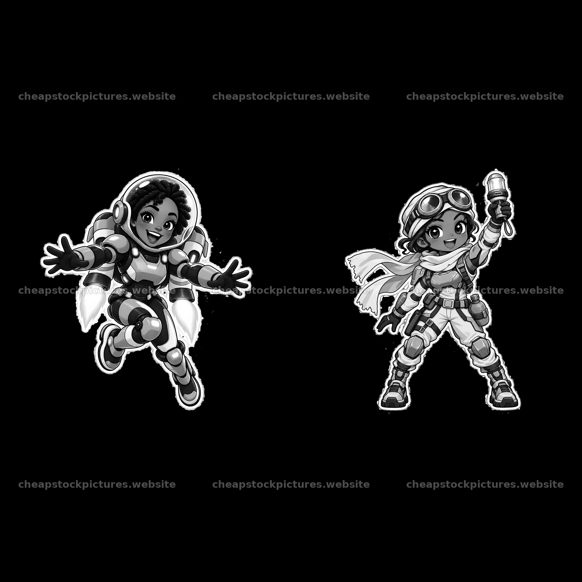 Kawaii futuristic super-soldiers in dynamic poses – stock pictures 7746x7746