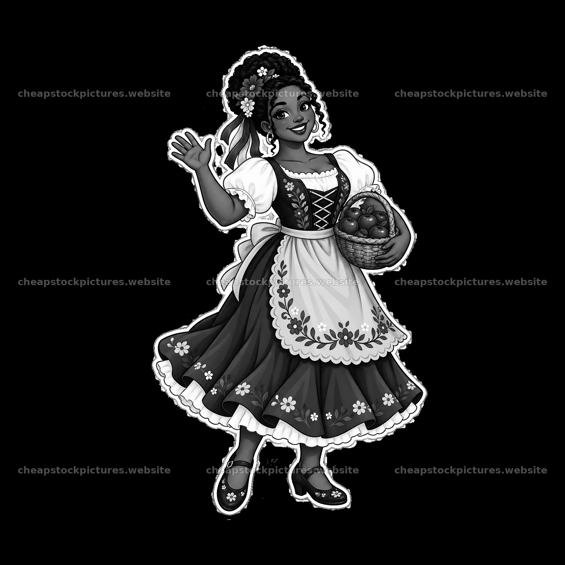 Woman in traditional folk dress holds basket and waves – stock pictures 7746x7746