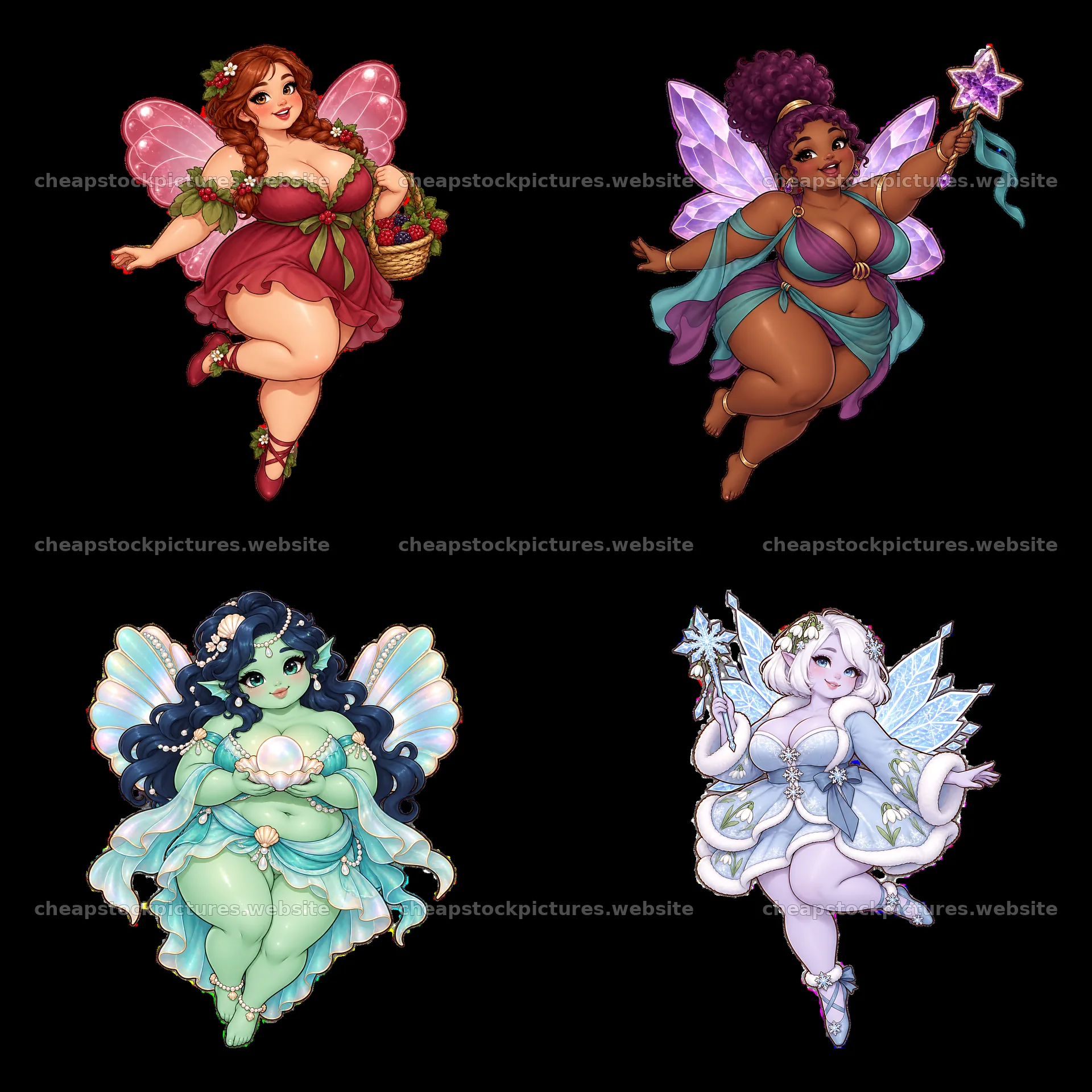 Kawaii ultra-fat fairies with colorful wings holding accessories – stock pictures 7746x7746