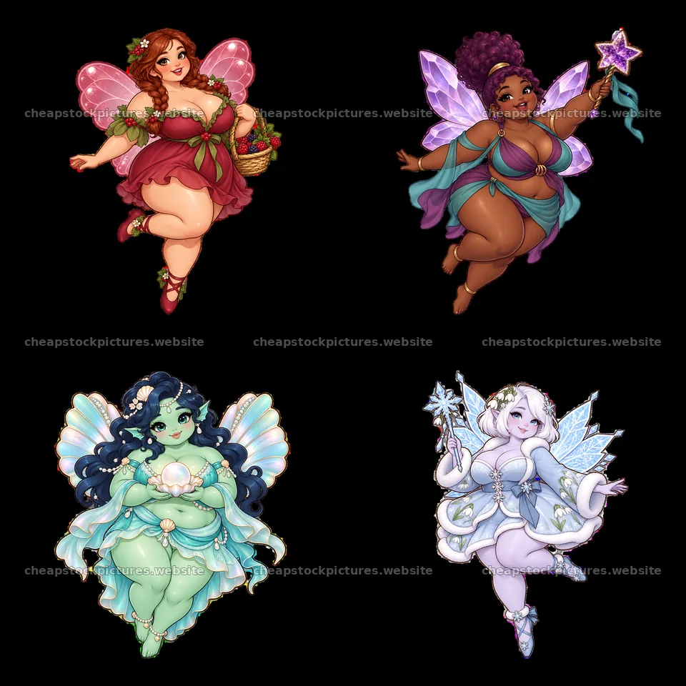 Kawaii ultra-fat fairies with colorful wings holding accessories – stock pictures 7746x7746