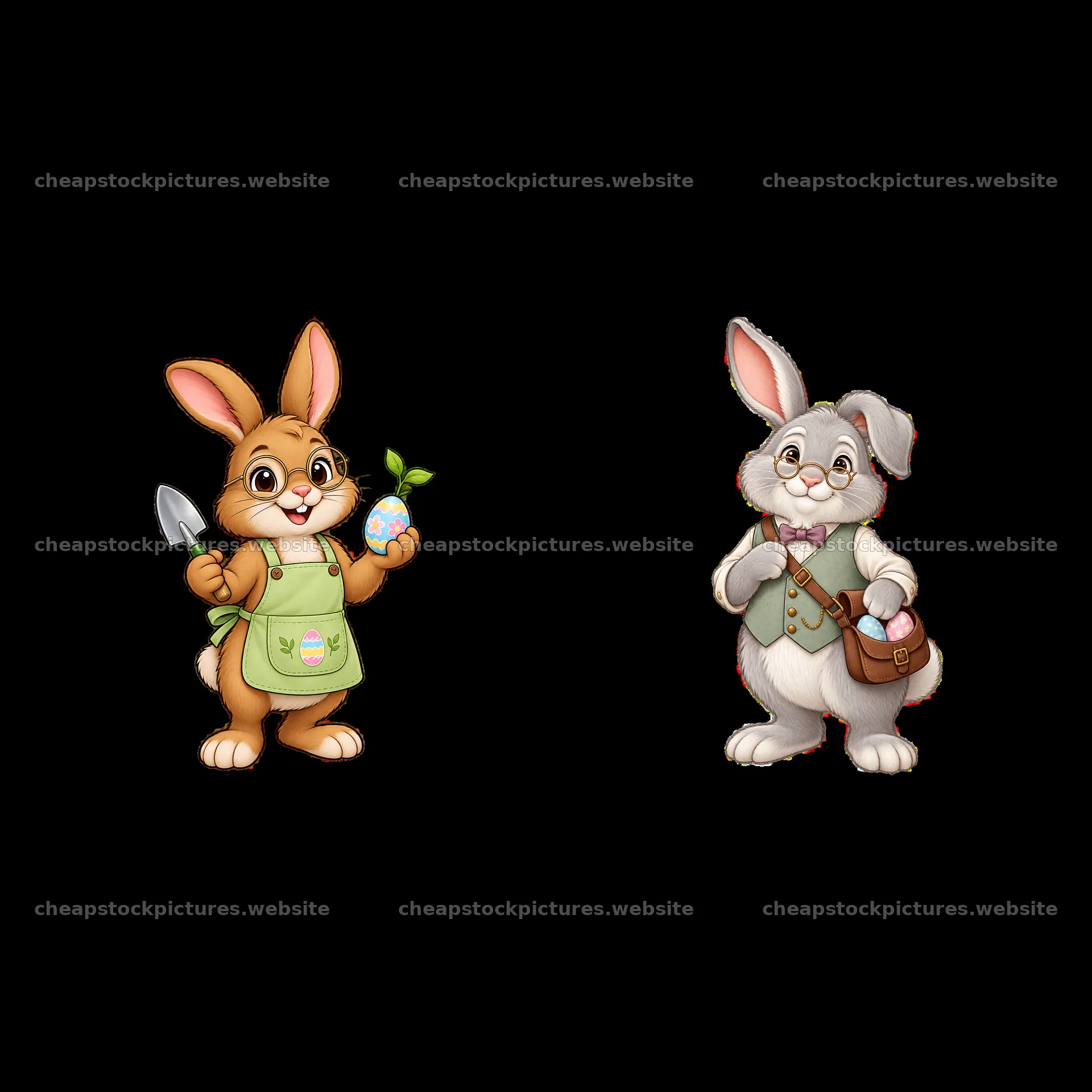 Two Easter bunnies holding colorful eggs and gardening tools – stock pictures 7746x7746